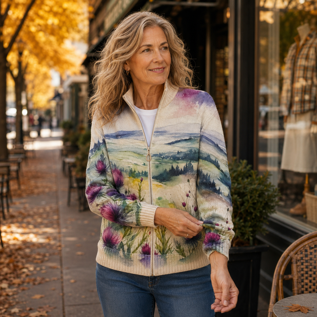 Avery - Scottish Thistle Landscape Zip Cardigan