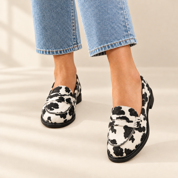 Claria | Cow Print Calf Hair Loafers