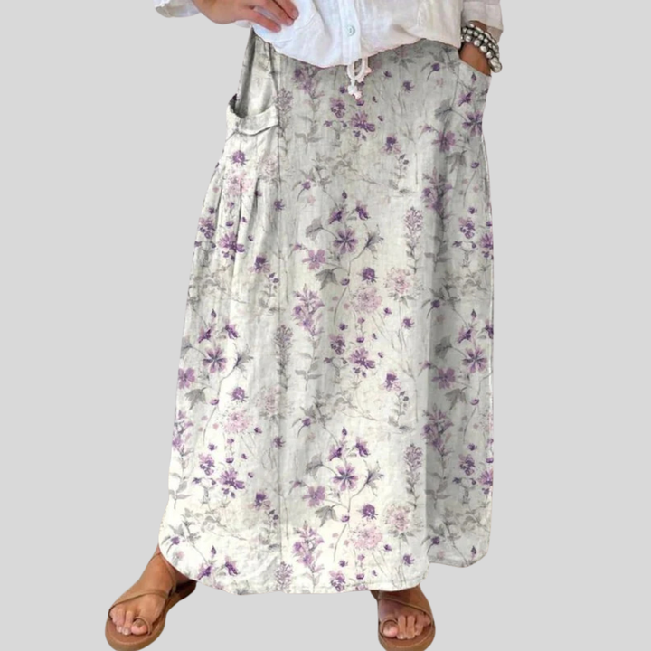 Ladies Vintage Floral Art Linen Elasticated Waist Skirt