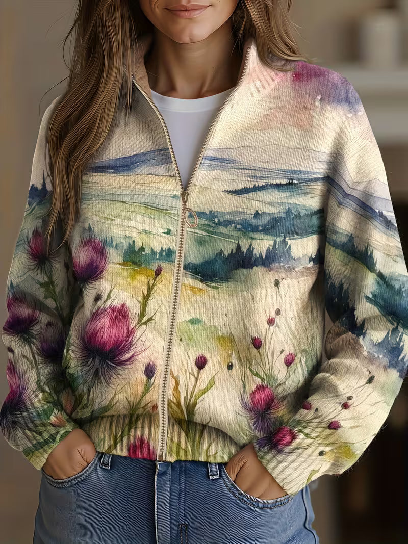 Avery - Scottish Thistle Landscape Zip Cardigan