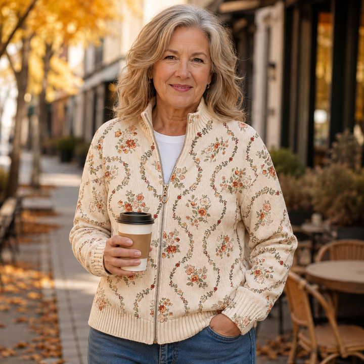 Danielle | Trailing Floral Zip-Up Cardigan - Cream