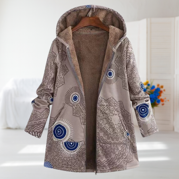 Noemi - Taupe Mandala Fleece-Lined Hooded Coat