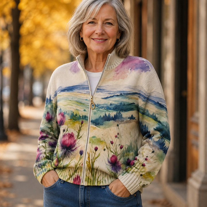 Avery - Scottish Thistle Landscape Zip Cardigan