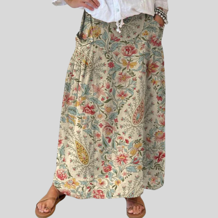Ladies Vintage Floral Art Printed Linen Skirt