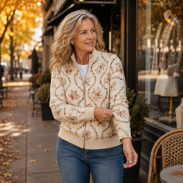 Danielle | Trailing Floral Zip-Up Cardigan - Cream