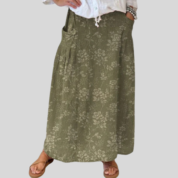 Ladies Vintage Floral Linen Skirt with Elastic Waistband and Pockets