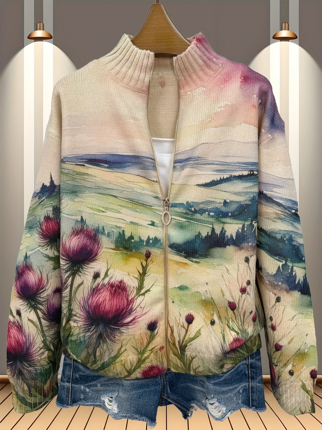 Avery - Scottish Thistle Landscape Zip Cardigan
