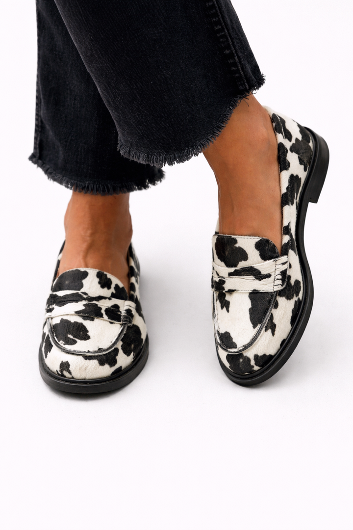 Claria | Cow Print Calf Hair Loafers