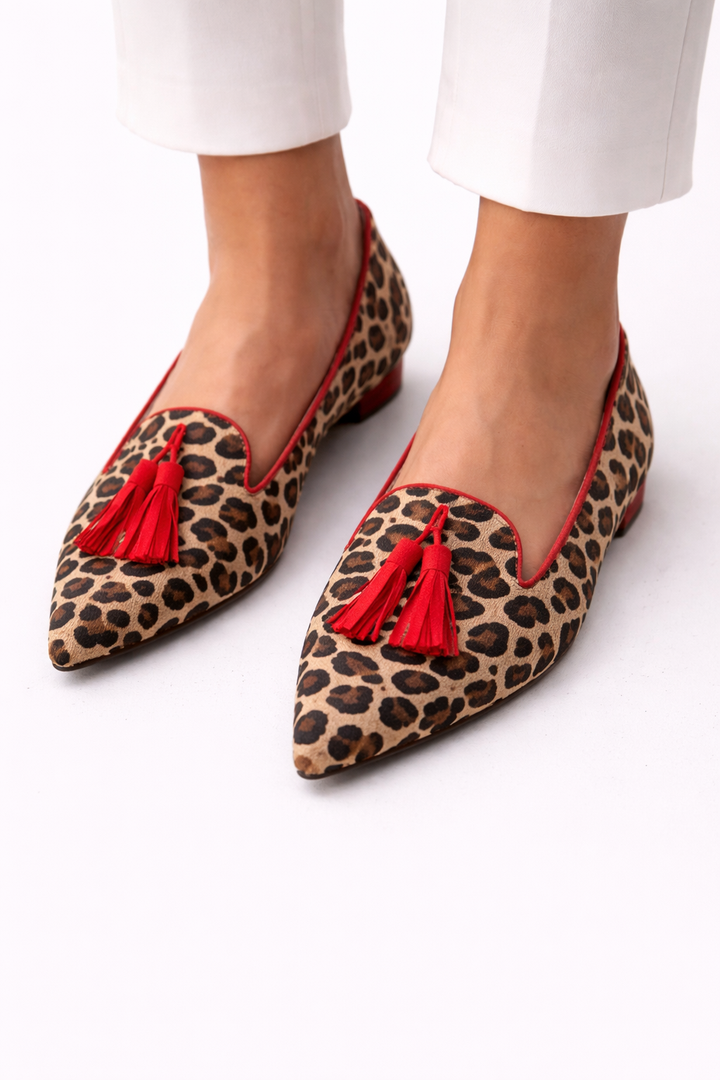 Gelly | Leopard Flats with Red Tassels
