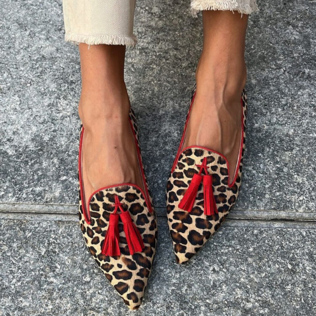 Gelly | Leopard Flats with Red Tassels