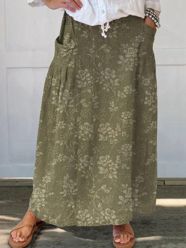 Ladies Vintage Floral Linen Skirt with Elastic Waistband and Pockets