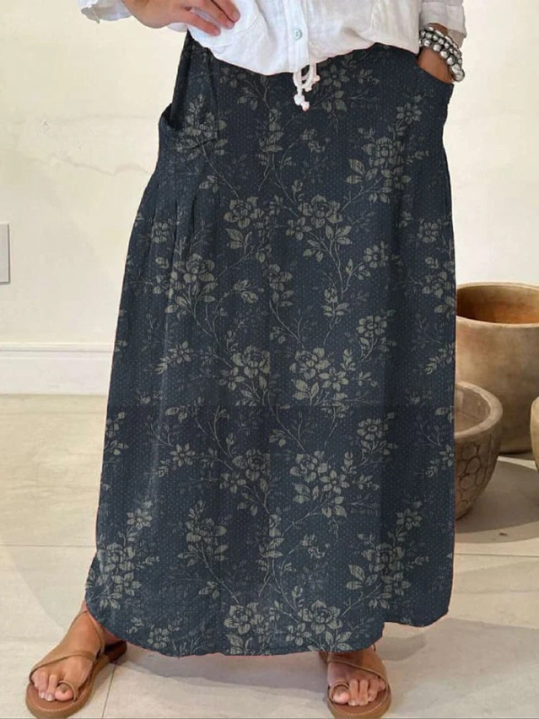 Ladies Vintage Floral Linen Skirt with Elastic Waistband and Pockets