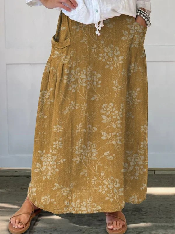 Ladies Vintage Floral Linen Skirt with Elastic Waistband and Pockets