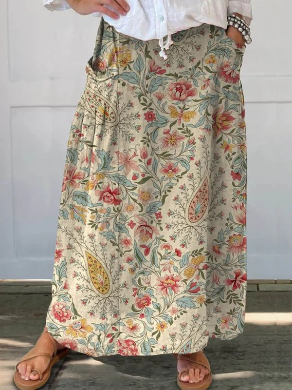 Ladies Vintage Floral Art Printed Linen Skirt
