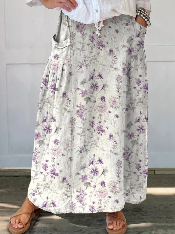 Ladies Vintage Floral Art Linen Elasticated Waist Skirt