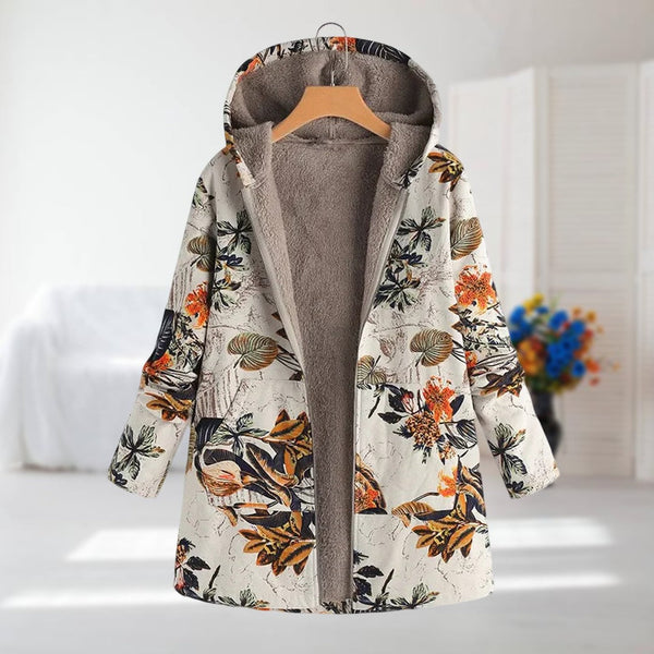 Ludovica - Cream Botanical Fleece-Lined Hooded Coat