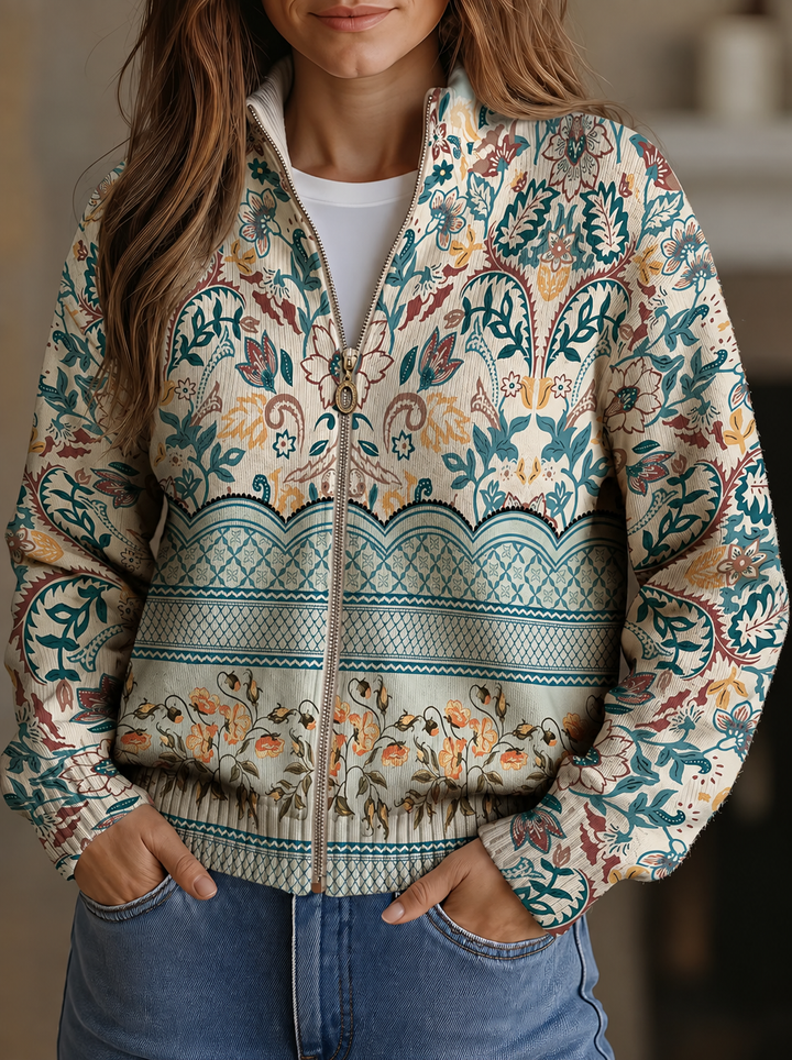 Olivia | Botanical Border Print Zip-Up Cardigan