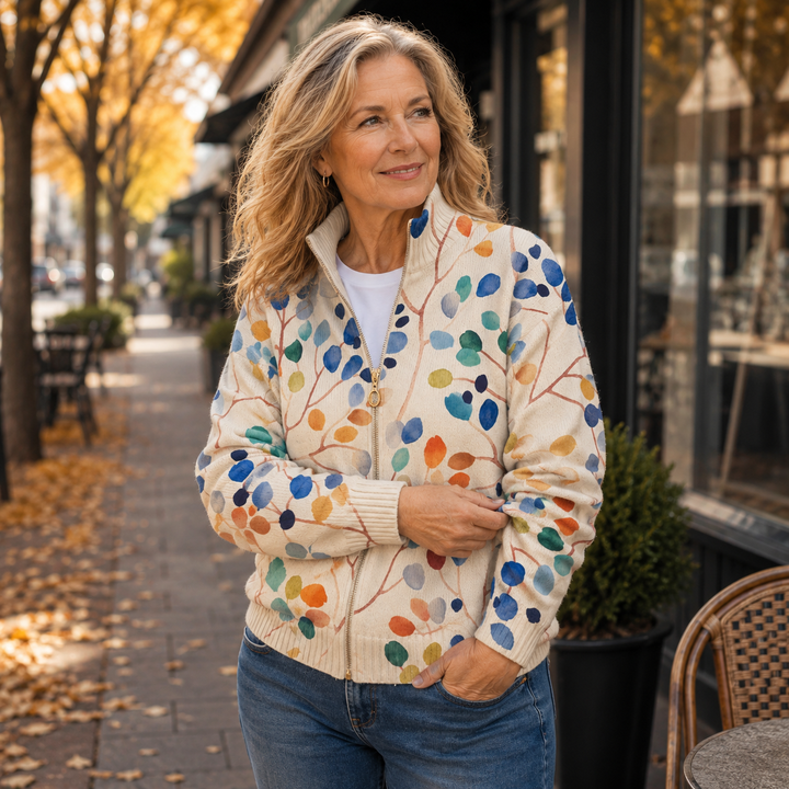Fiona - Botanical Leaf Print Zip Cardigan