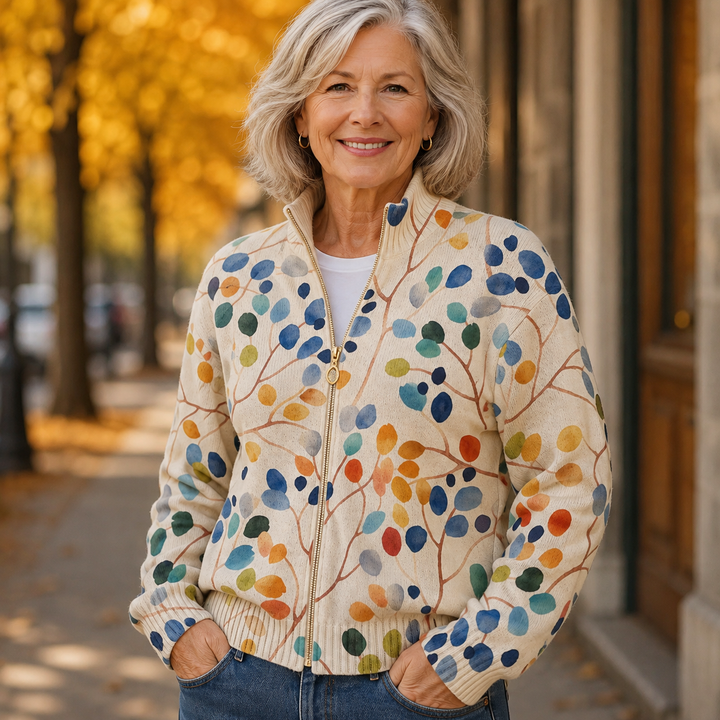 Fiona - Botanical Leaf Print Zip Cardigan