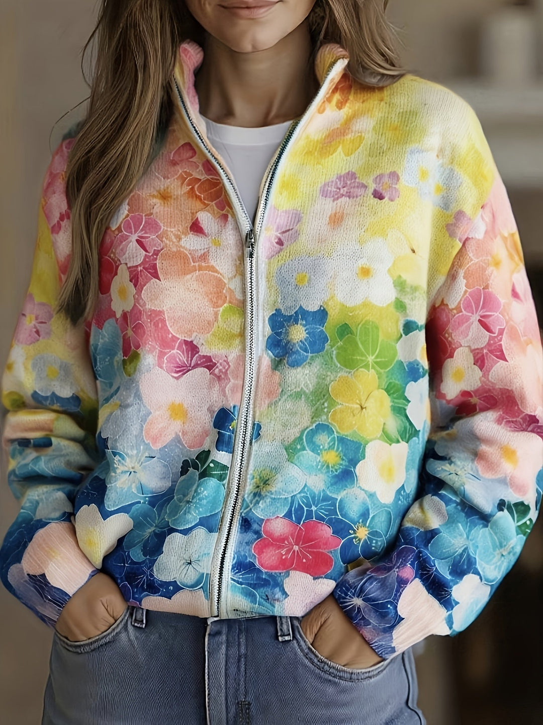 Natalie - Watercolor Floral Ombre Zip Cardigan