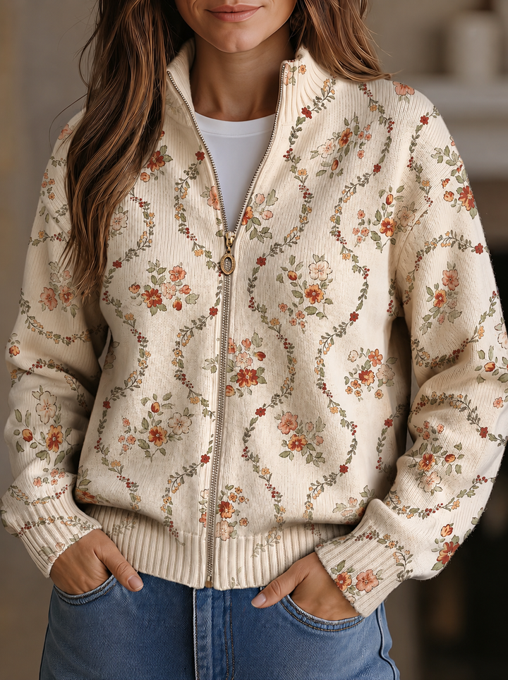 Danielle | Trailing Floral Zip-Up Cardigan - Cream