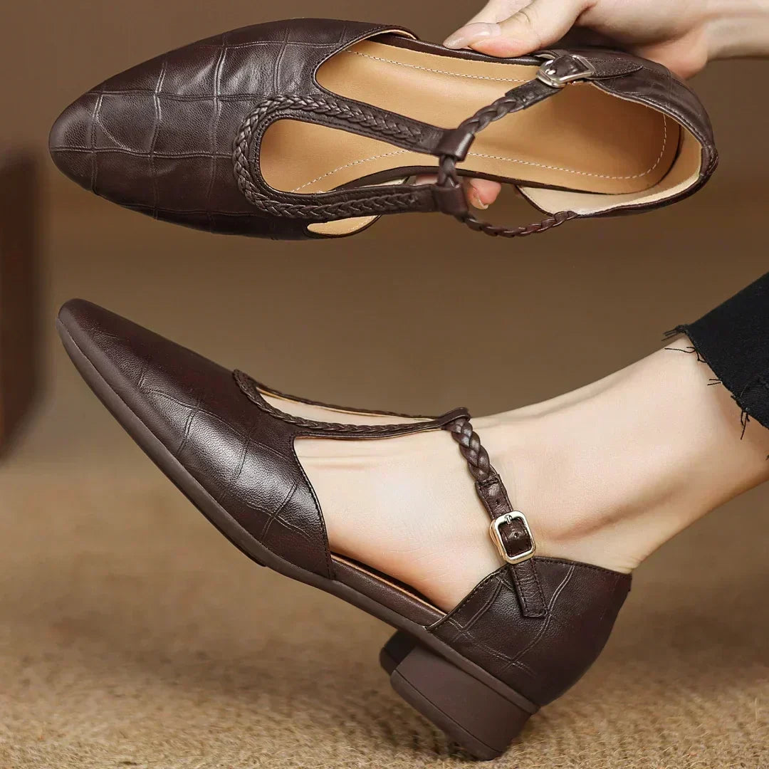 Gwen | Classic Leather T-Bar Shoes with Braided Detail
