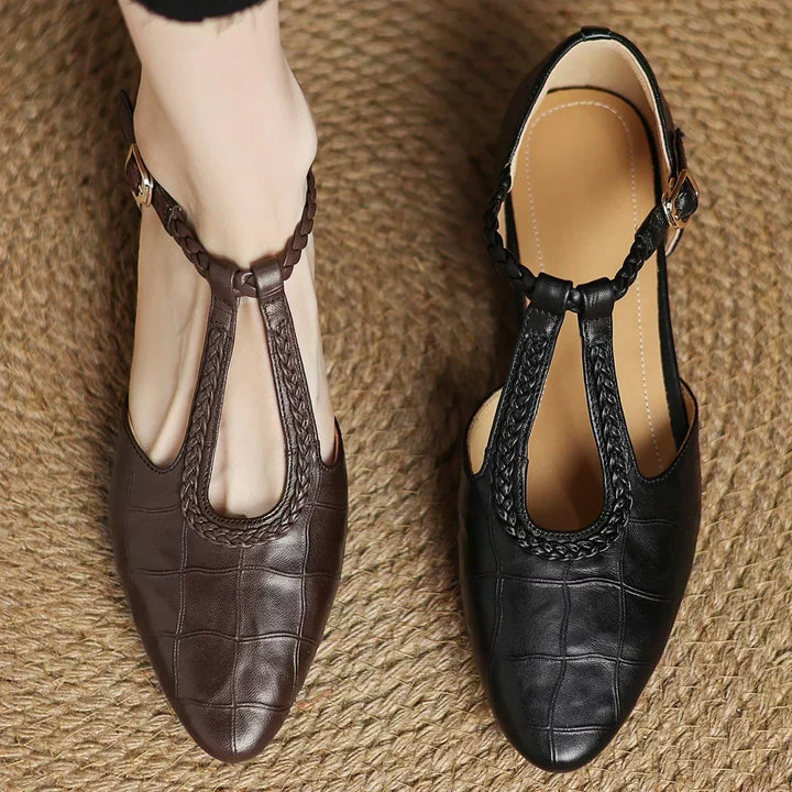 Gwen | Classic Leather T-Bar Shoes with Braided Detail