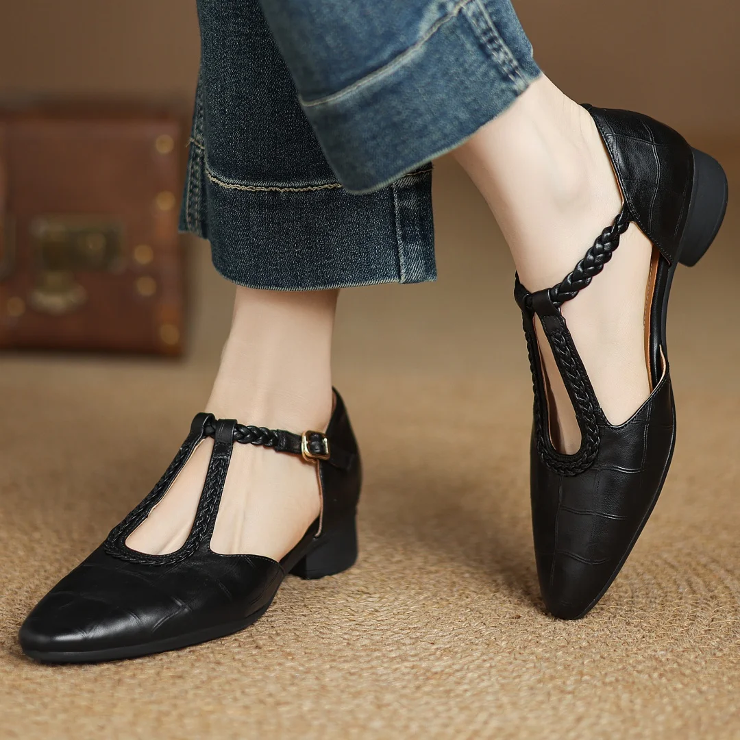 Gwen | Classic Leather T-Bar Shoes with Braided Detail