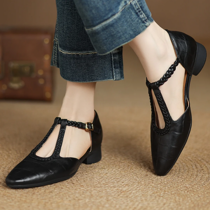 Gwen | Classic Leather T-Bar Shoes with Braided Detail
