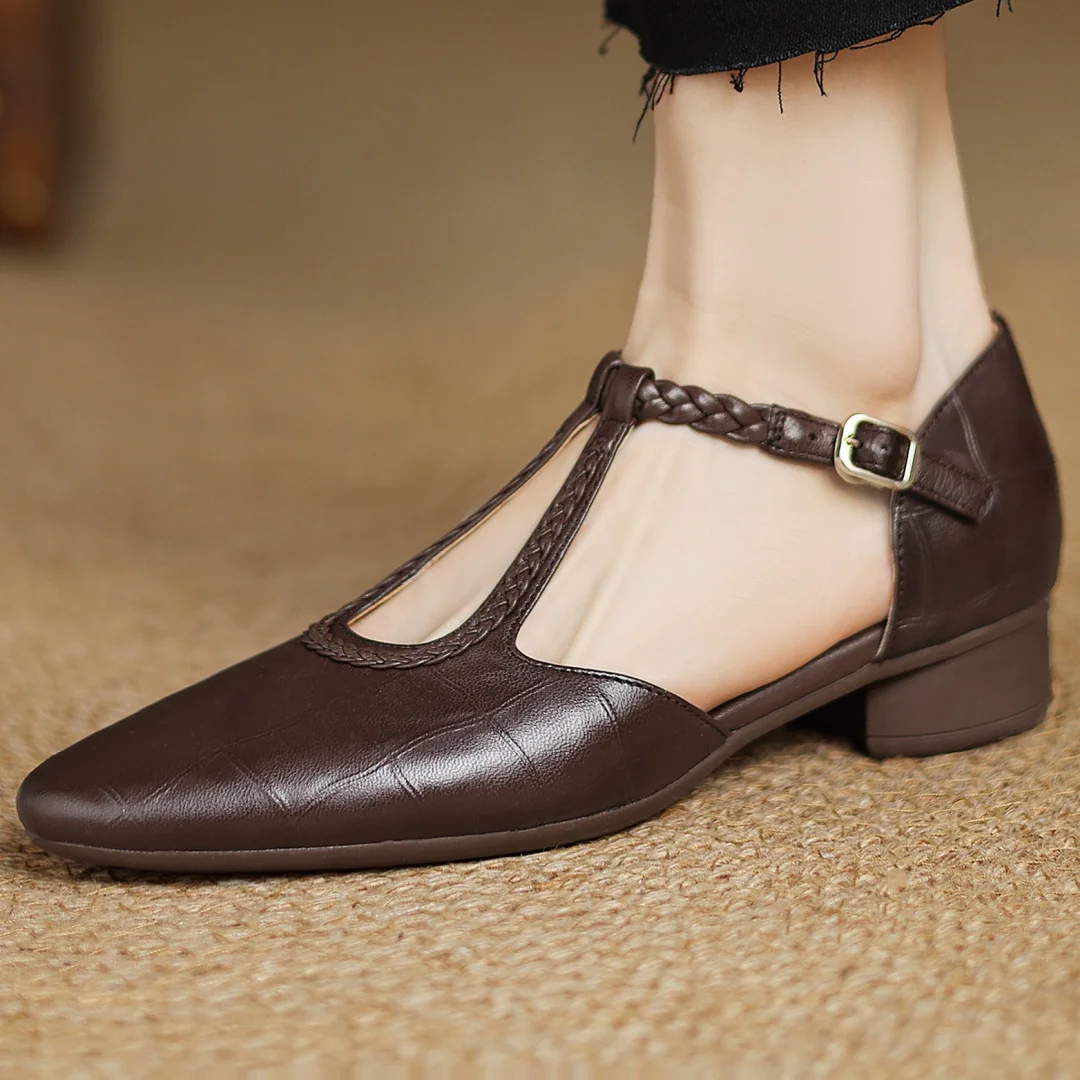 Gwen | Classic Leather T-Bar Shoes with Braided Detail
