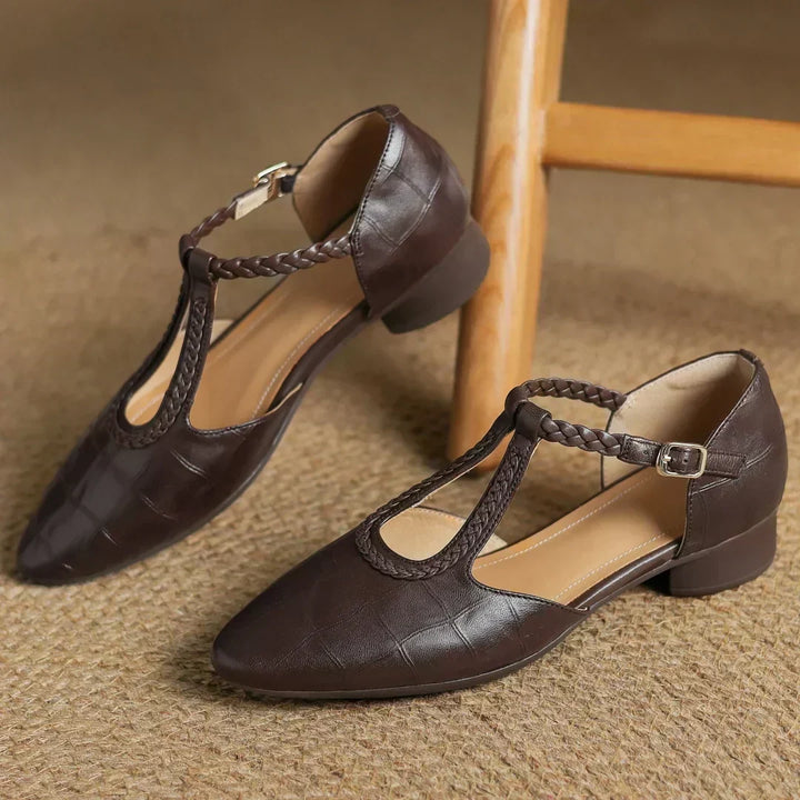 Gwen | Classic Leather T-Bar Shoes with Braided Detail
