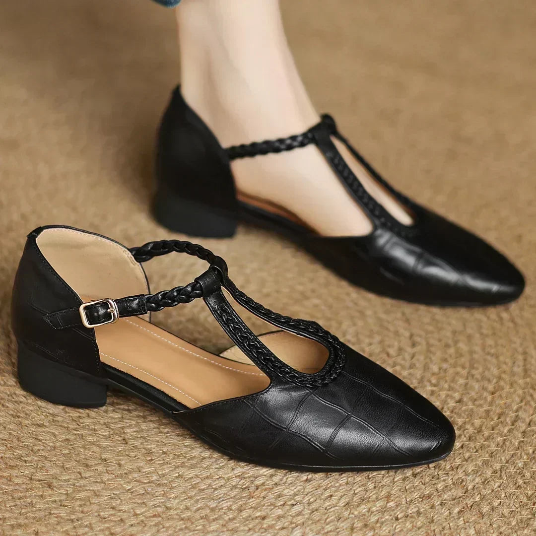 Gwen | Classic Leather T-Bar Shoes with Braided Detail