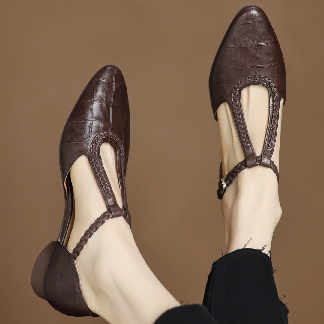 Gwen | Classic Leather T-Bar Shoes with Braided Detail