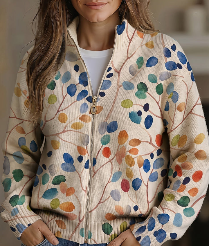 Fiona - Botanical Leaf Print Zip Cardigan