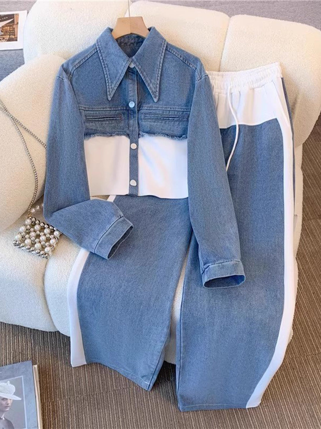 Natalie | Color-Block Cropped Jacket & Wide-Leg Pants Set
