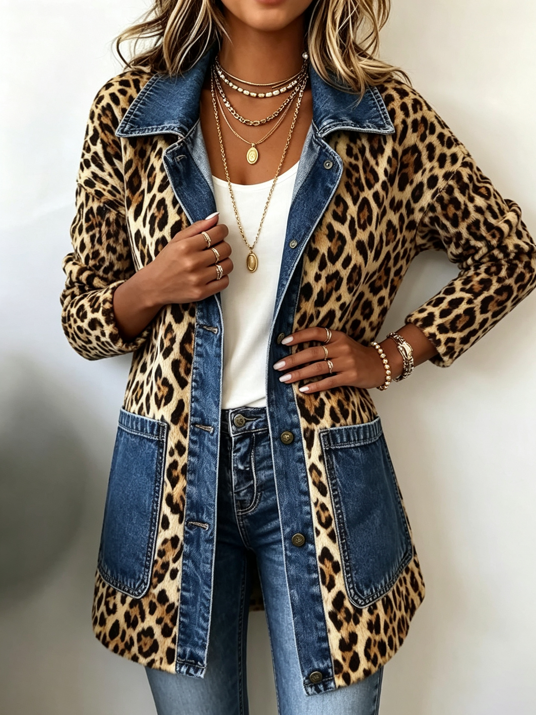 Nora | Leopard Print Denim Panel Contrast Longline Jacket
