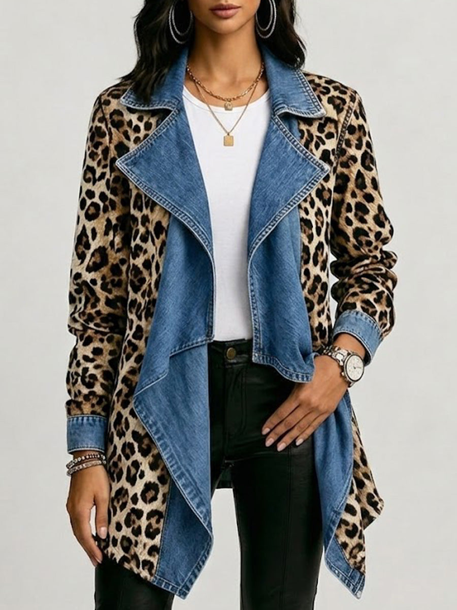 Victoria | Leopard Print & Washed Denim Paneled Mid-Length Jacket