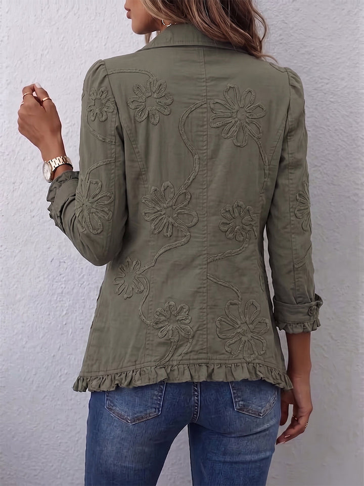 Olivia - Khaki Embroidered Ruffle Jacket