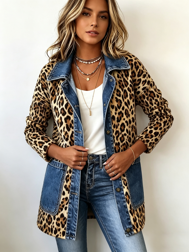 Nora | Leopard Print Denim Panel Contrast Longline Jacket