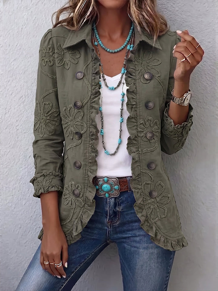 Olivia - Khaki Embroidered Ruffle Jacket