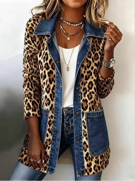 Nora | Leopard Print Denim Panel Contrast Longline Jacket