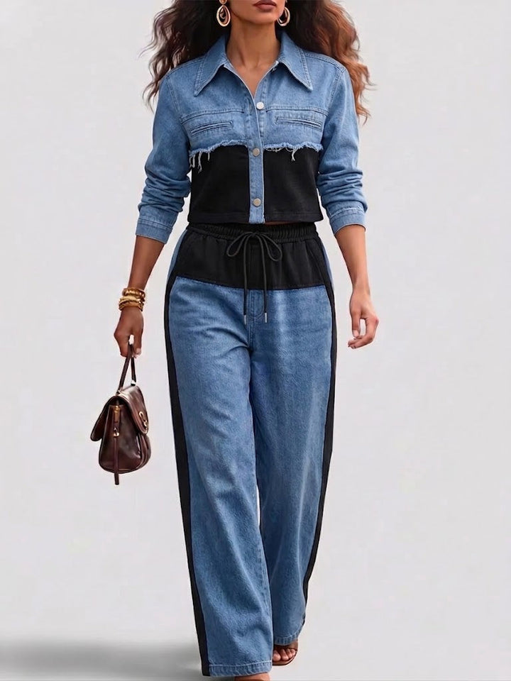 Natalie | Color-Block Cropped Jacket & Wide-Leg Pants Set