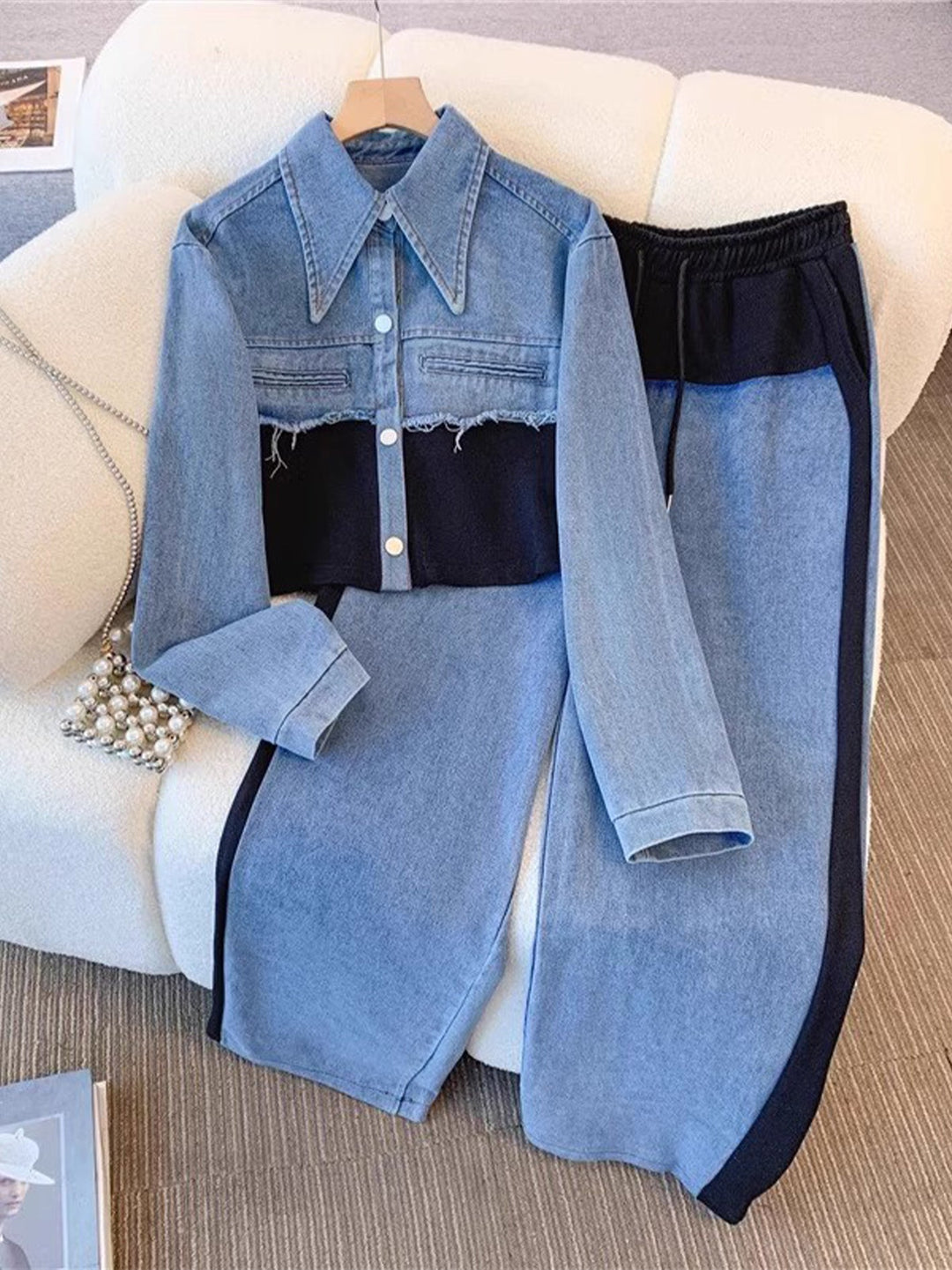 Natalie | Color-Block Cropped Jacket & Wide-Leg Pants Set