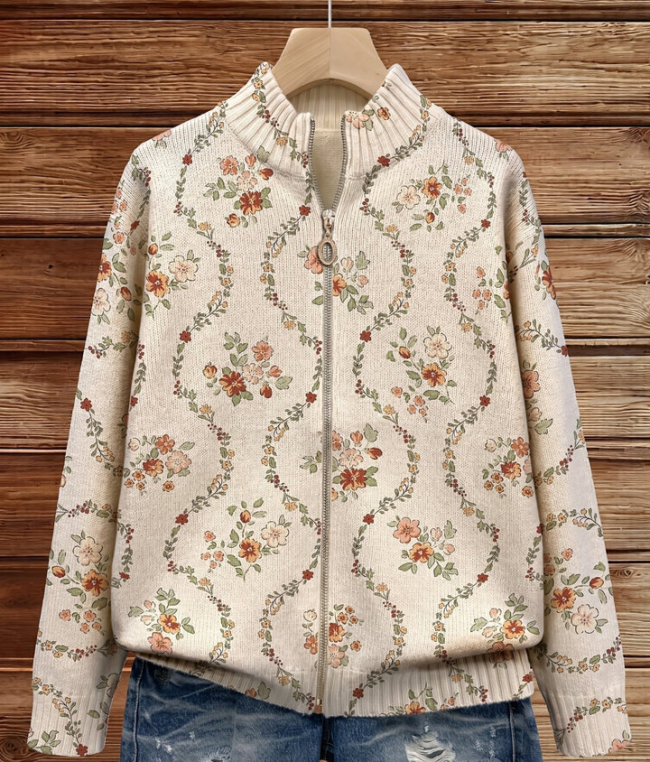 Danielle | Trailing Floral Zip-Up Cardigan - Cream