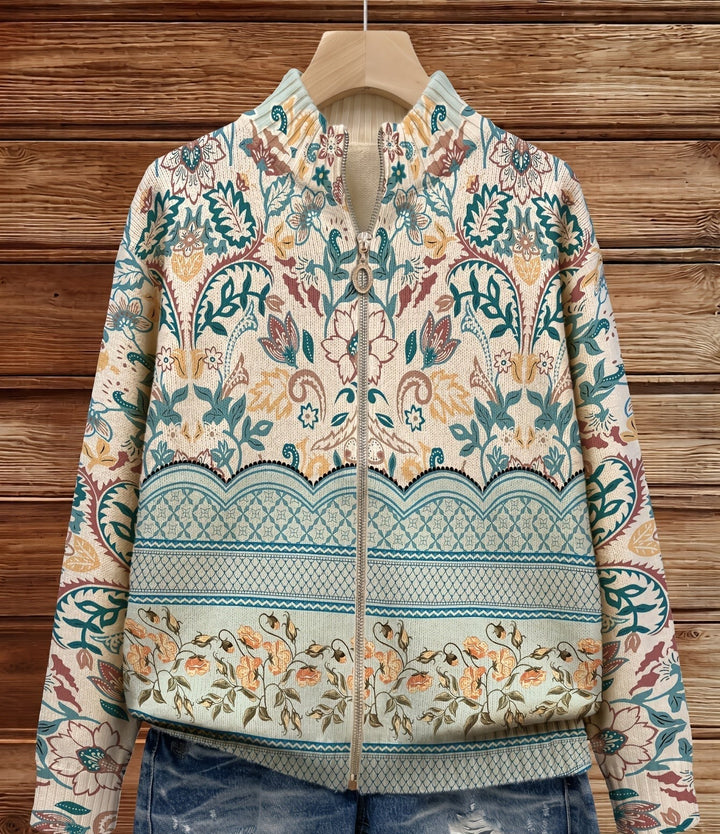 Olivia | Botanical Border Print Zip-Up Cardigan